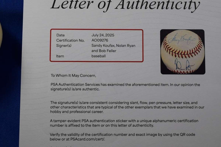 Koufax Ryan Feller PSA DNA LOA Autograph Major League Signed by 3 Baseball