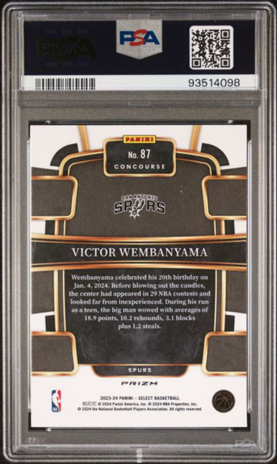 Graded 2023 Panini Select Victor Wembanyama #87 Red Cracked Ice RC Card PSA 10