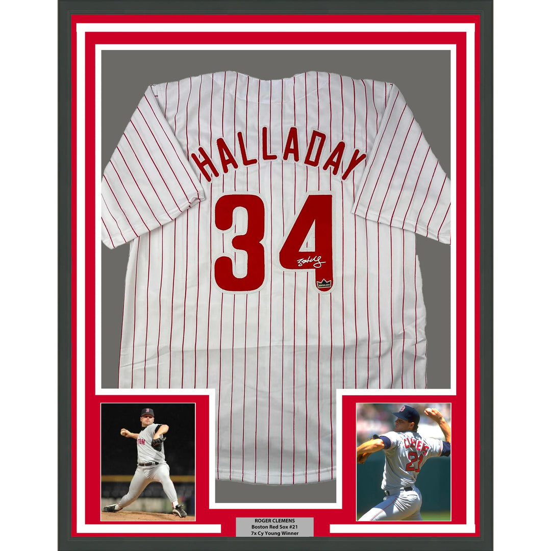 Framed Facsimile Autographed Roy Halladay 33x42 Reprint Laser Auto Jersey