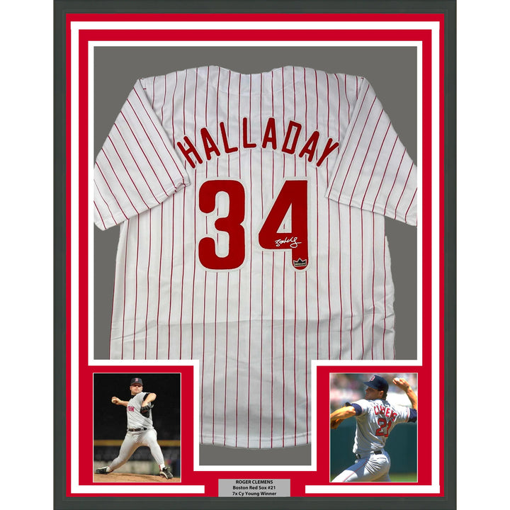 Framed Facsimile Autographed Roy Halladay 33x42 Reprint Laser Auto Jersey