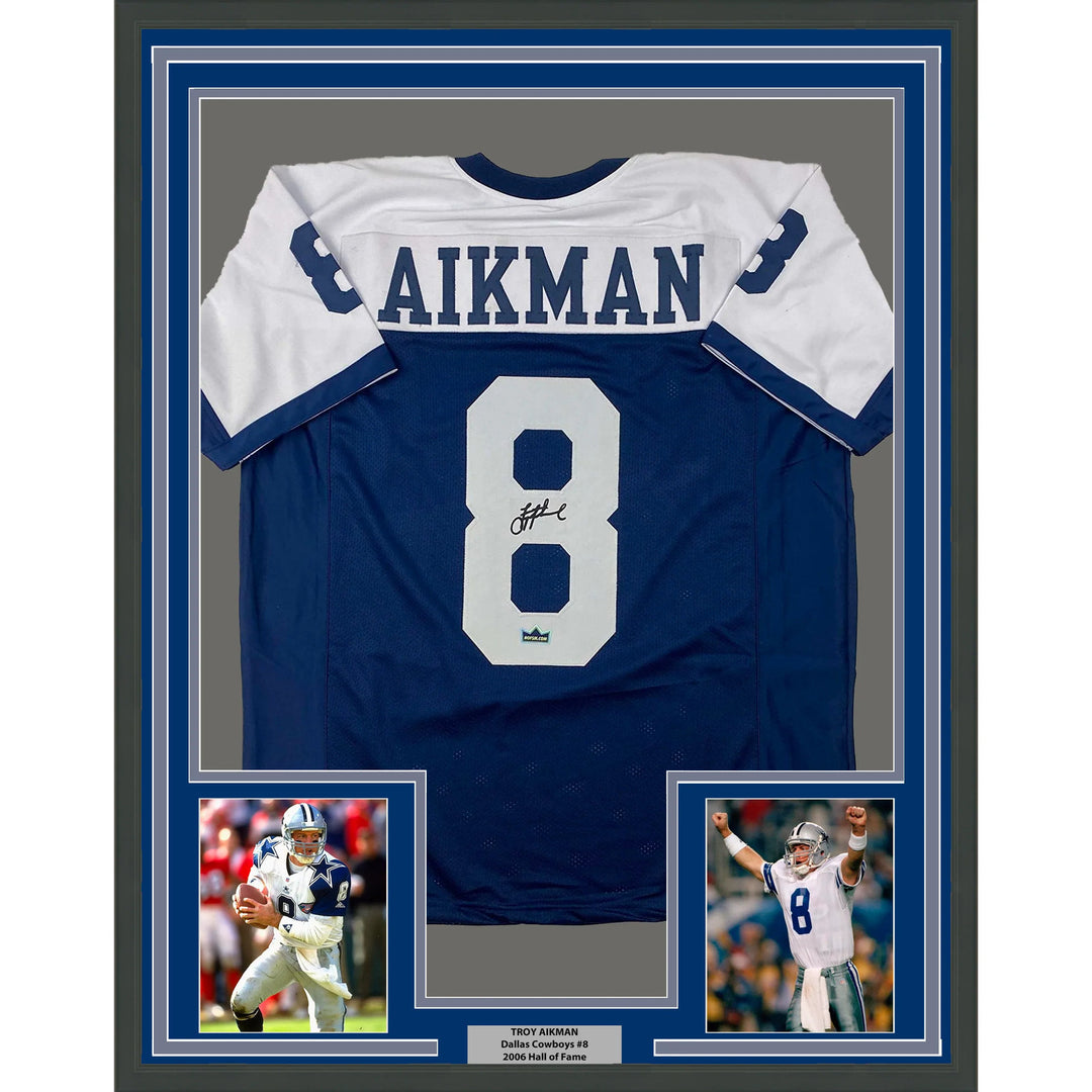 Framed Facsimile Autographed Troy Aikman 33x42 Dallas Reprint Laser Auto Jersey