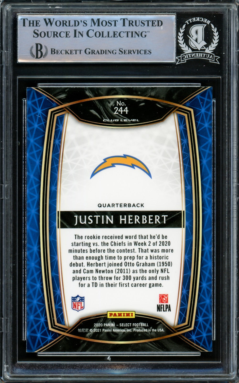 Justin Herbert Signed 2020 Panini Select RC #244 Los Angeles Chargers Beckett