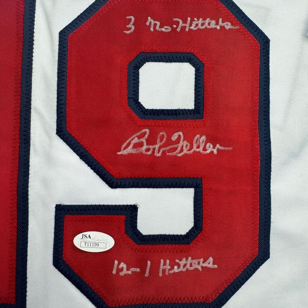Framed Autographed/Signed Bob Feller 35x39 Cleveland White Jersey JSA COA