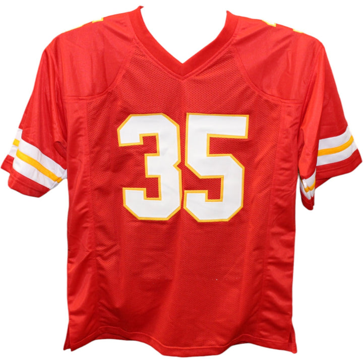 Christian Okoye Autographed/Signed Pro Style Red Jersey Beckett 43432