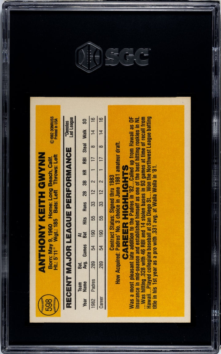 Tony Gwynn 1983 Donruss Rookie Card (RC) #598- SGC Graded 9 MT- San Diego Padres