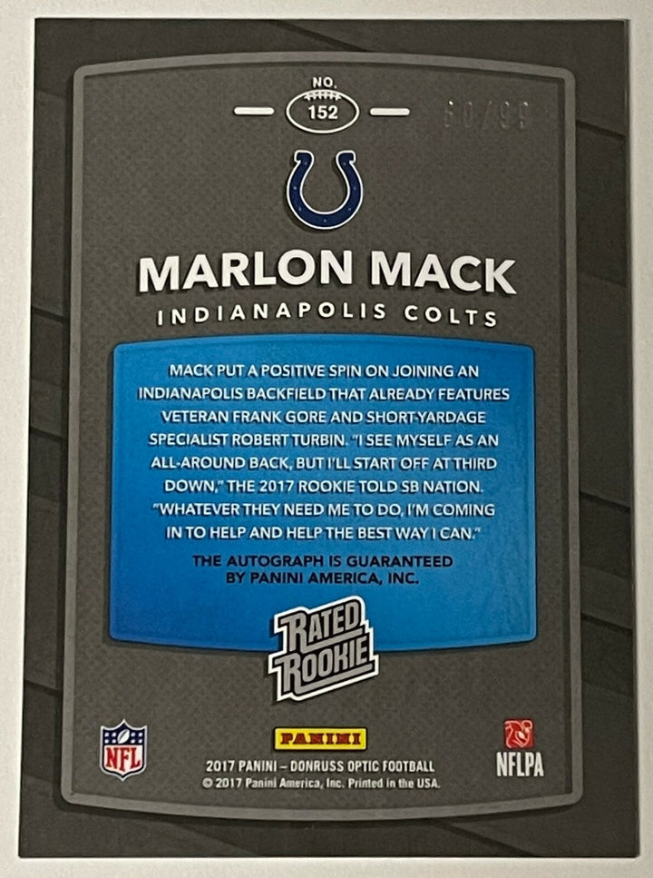 Marlon Mack signed 2017 Panini Donruss Optic Rated Rookie Card (RC) #152- 60/99