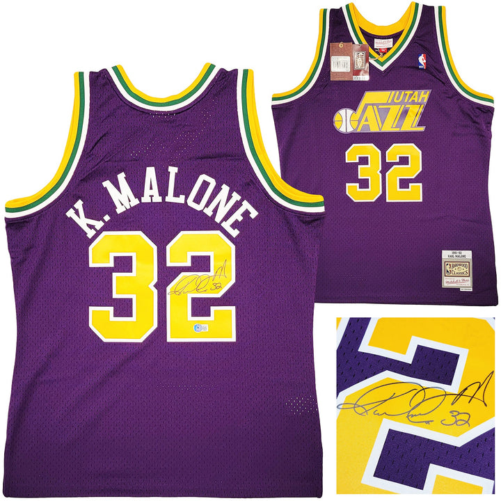 Jazz Karl Malone Auto Purple Authentic Mitchell & Ness Jersey Size L Beckett Wit