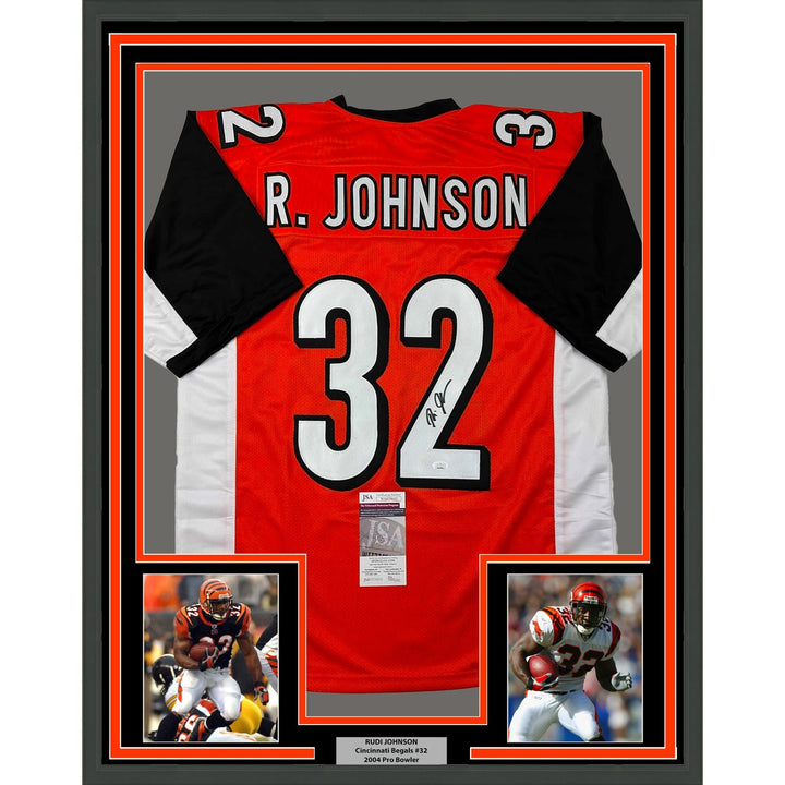 Framed Signed Rudi Johnson 35x39 Cincinnati Orange Jersey JSA COA