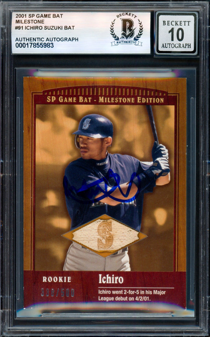 Ichiro Suzuki Auto 2001 SP Game Bat Milestone Piece Card 91 Sig 10 #/500 Beckett
