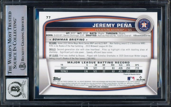 Jeremy Pena Signed 2023 Bowman Card 77 Astros Auto GM 10 Full Name Beckett