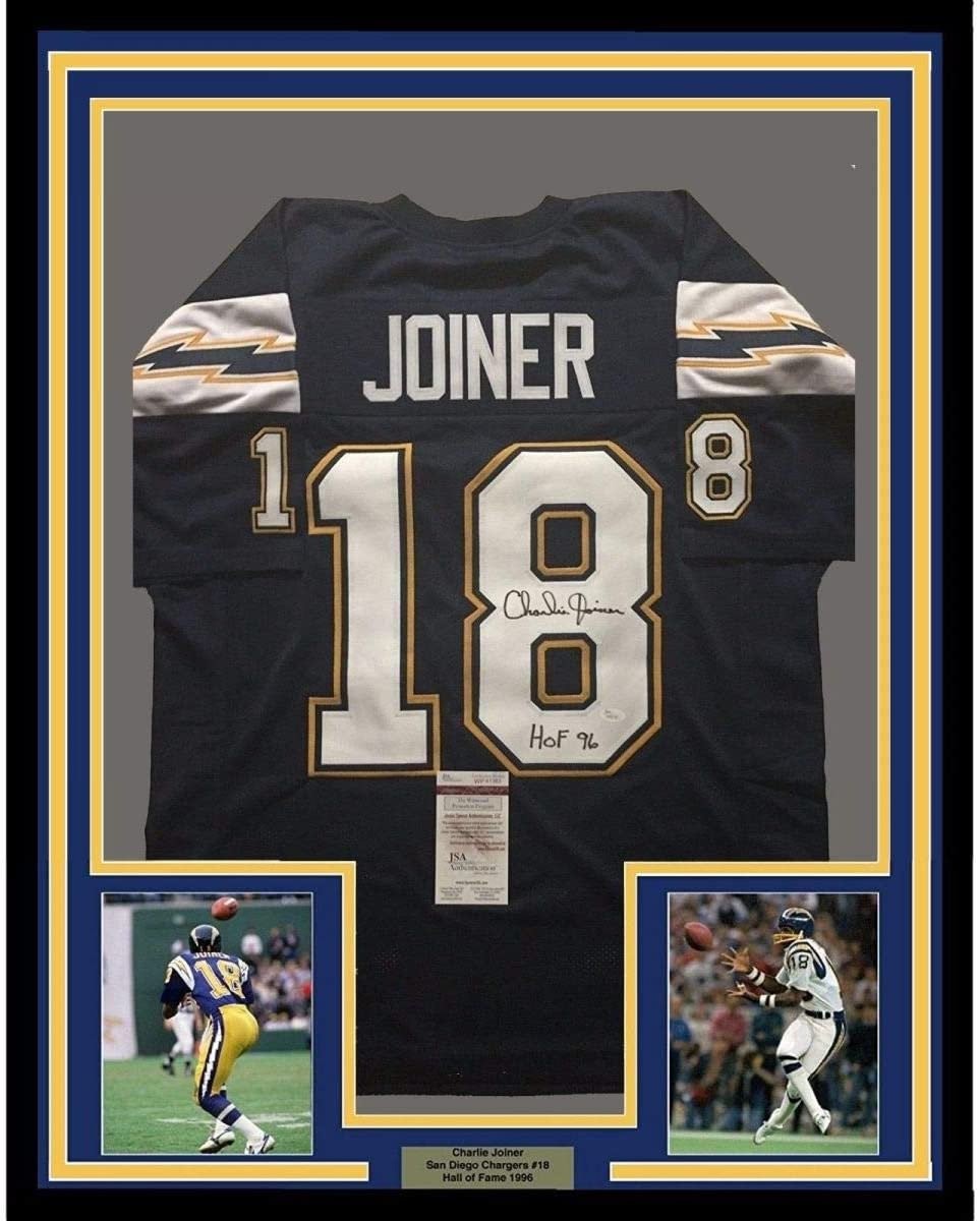 Framed Signed Charlie Joiner HOF 96 35x39 Chargers Dark Blue Jersey JSA COA