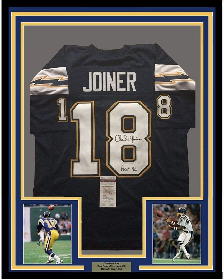 Framed Signed Charlie Joiner HOF 96 35x39 Chargers Dark Blue Jersey JSA COA