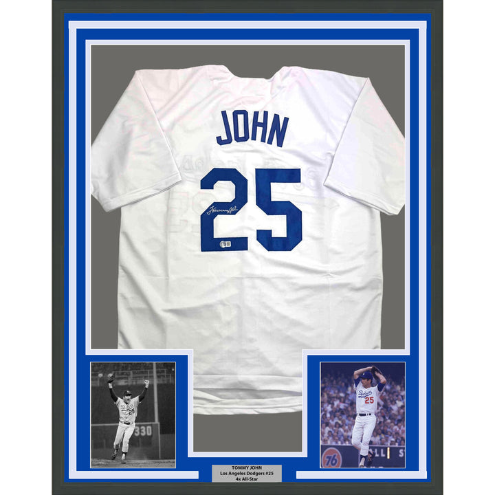 Framed Autographed/Signed Tommy John 35x39 Los Angeles White Jersey Beckett COA