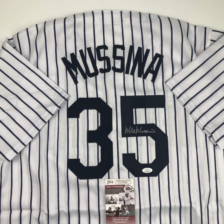 Autographed/Signed MIKE MUSSINA New York Pinstripe Jersey JSA COA Auto