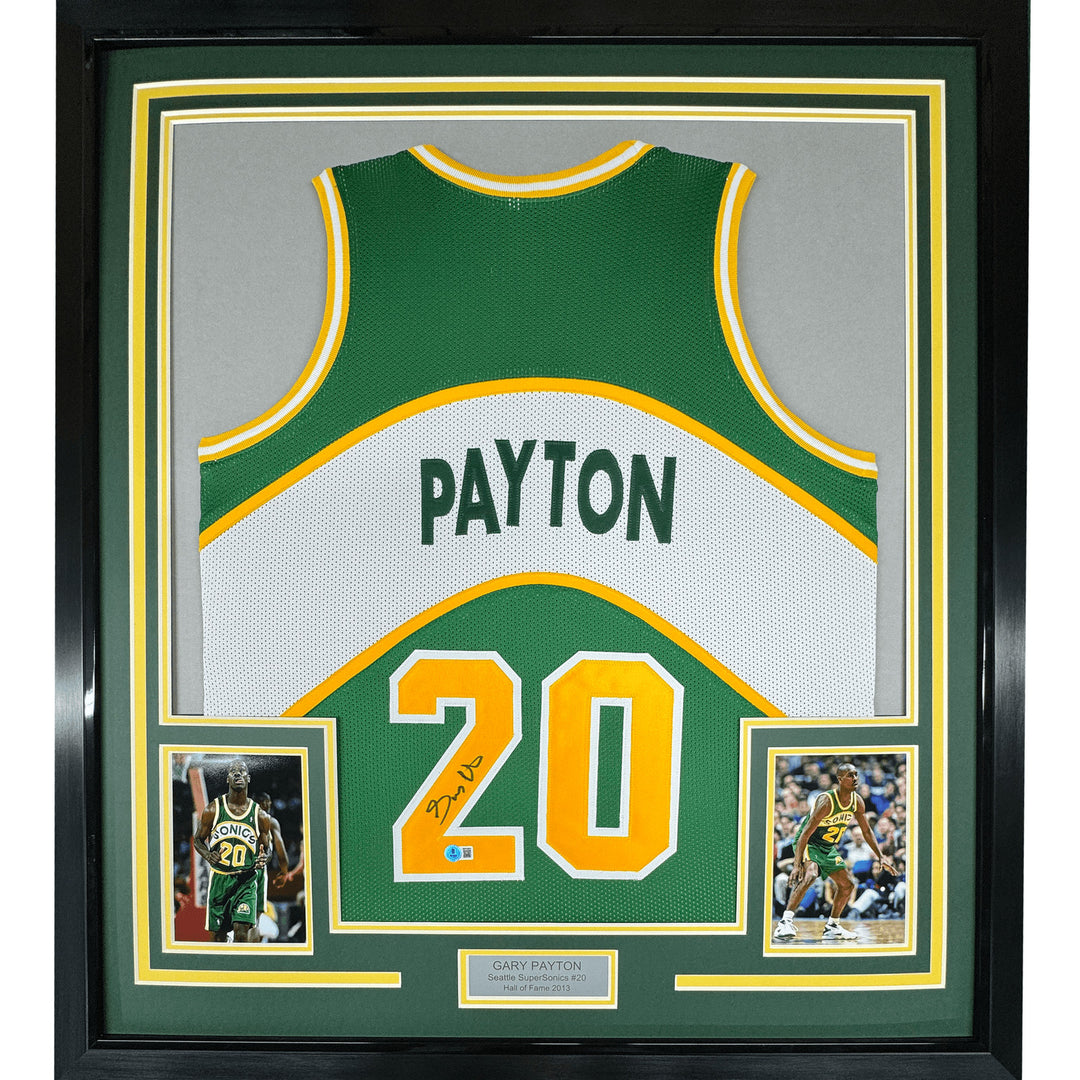 Framed Autographed/Signed Gary Payton 35x39 Seattle Green Jersey JSA COA