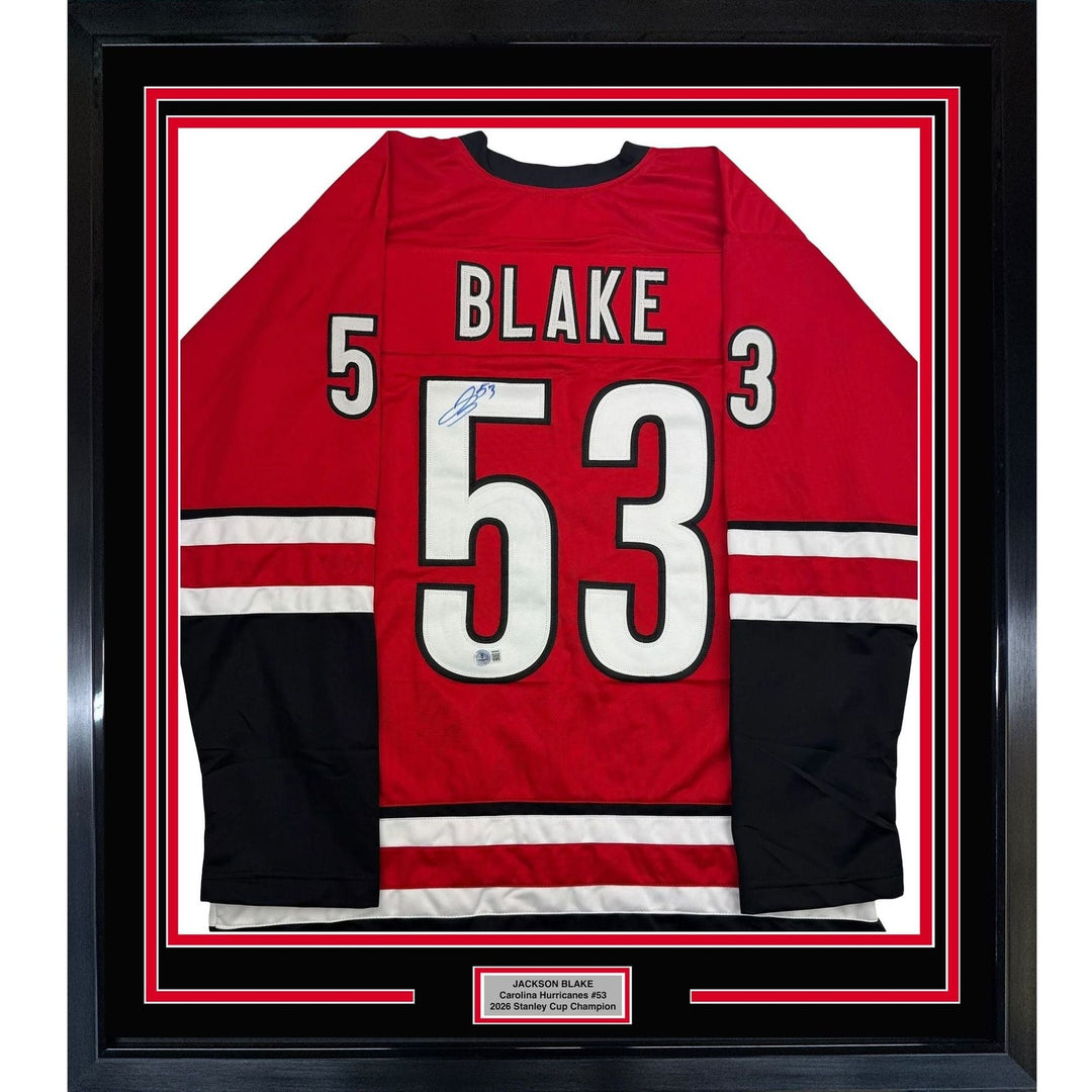 Framed Autographed/Signed Jackson Blake 35x39 Carolina Red Jersey BAS COA