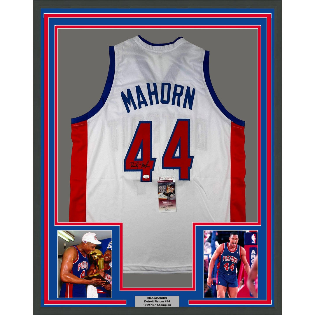 Framed Autographed/Signed Rick Mahorn 35x39 Detroit White Jersey JSA COA