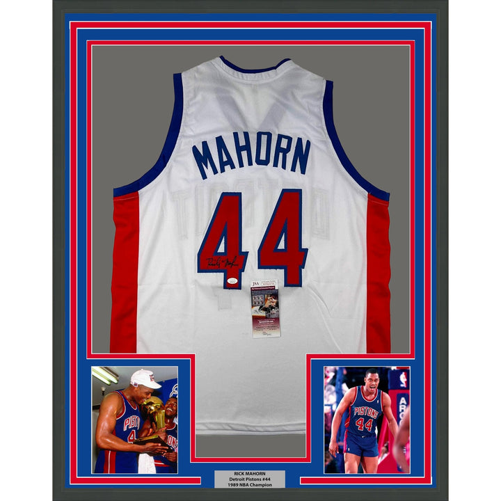 Framed Autographed/Signed Rick Mahorn 35x39 Detroit White Jersey JSA COA