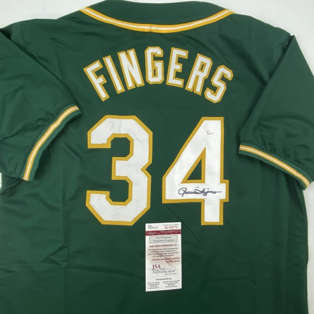 Autographed/Signed ROLLIE FINGERS Oakland Green Jersey JSA COA Auto