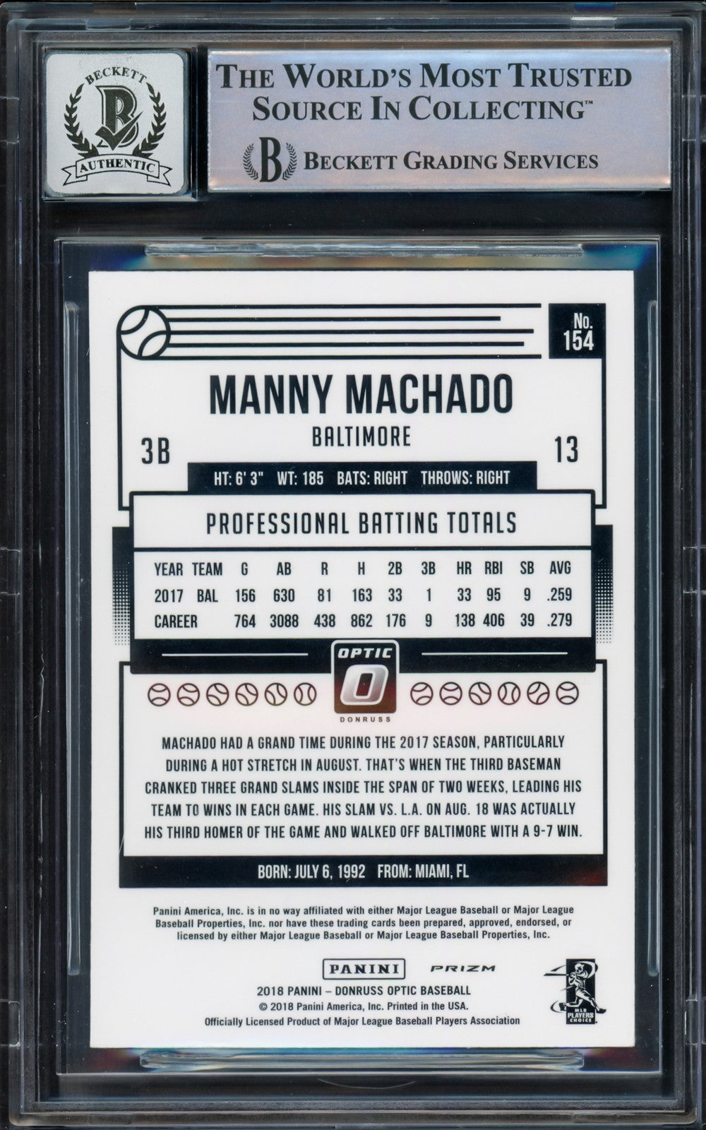 Manny Machado Signed 2018 Donruss Optic Purple Card 154 Orioles Sig 10 Beckett