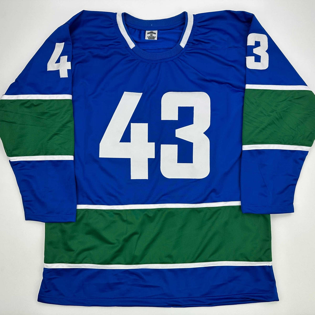 Facsimile Autographed Quinn Hughes Vancouver Blue Reprint Jersey Size Men's XL