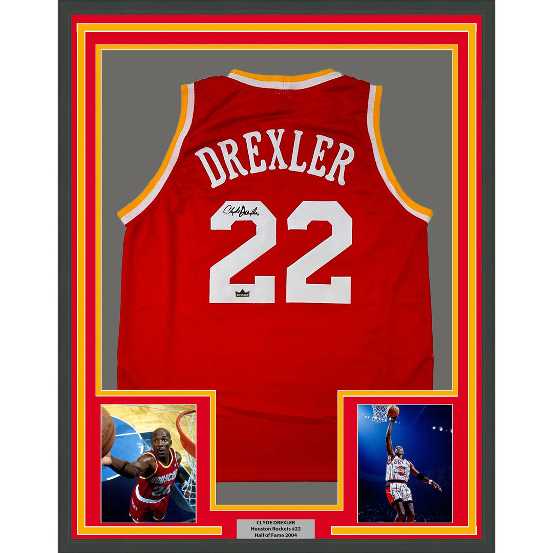 Framed Facsimile Autographed Clyde Drexler 33x42 Red Reprint Laser Auto Jersey