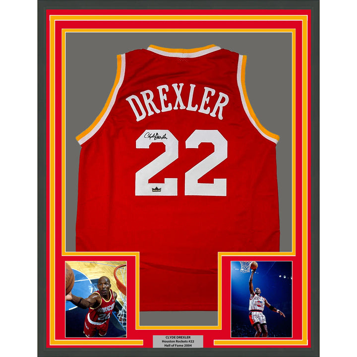 Framed Facsimile Autographed Clyde Drexler 33x42 Red Reprint Laser Auto Jersey