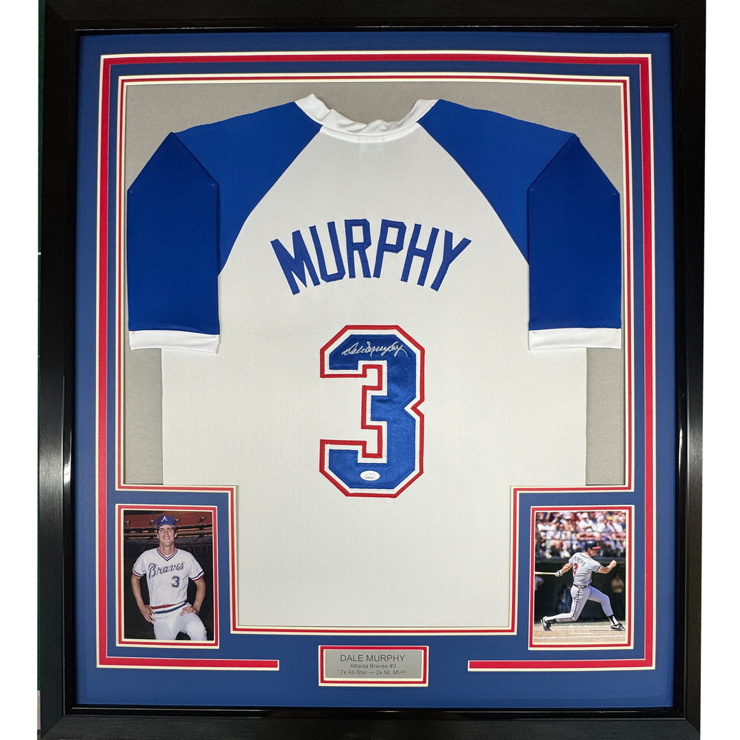 FRAMED Autographed/Signed DALE MURPHY 33x42 Atlanta White Jersey PSA/DNA COA