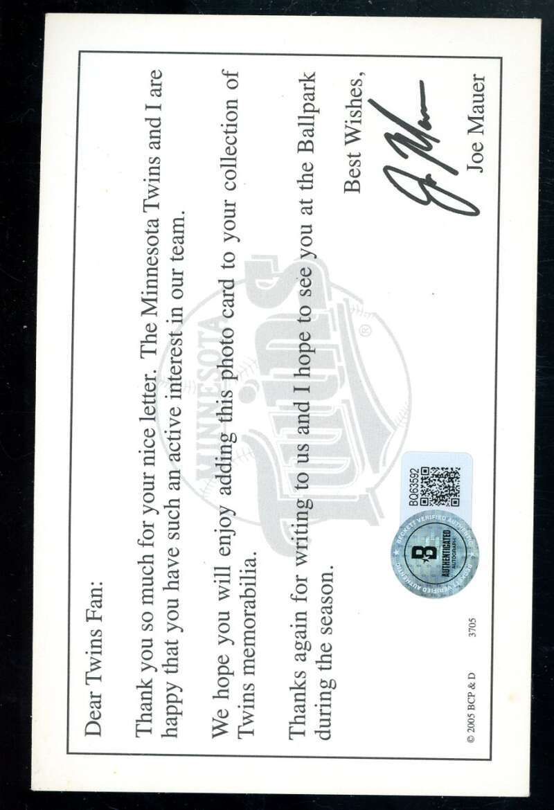 Joe Mauer Beckett BAS Signed Team Issued Photo Autograph Twins