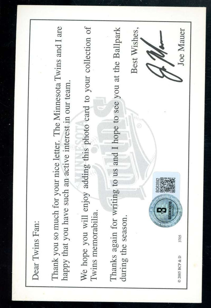 Joe Mauer Beckett BAS Signed Team Issued Photo Autograph Twins