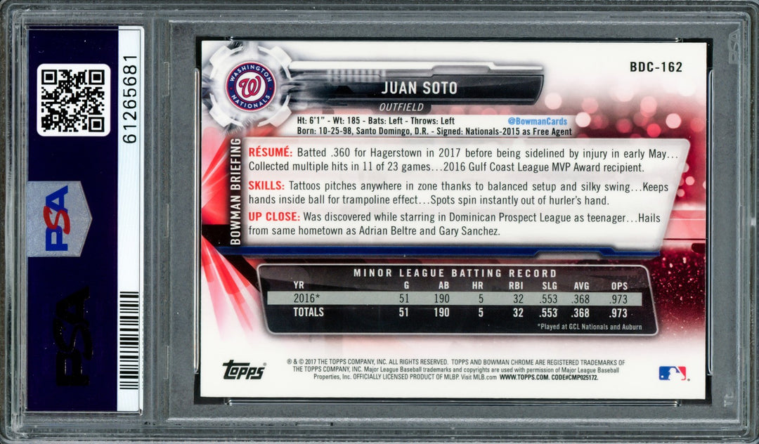 Juan Soto Auto 2017 Bowman Draft Chrome RC BDC162 Mets PSA 9 (Bubbling) PSA/DNA