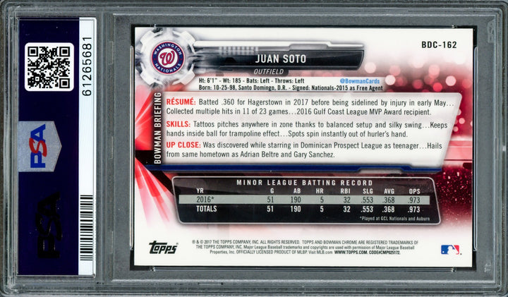 Juan Soto Auto 2017 Bowman Draft Chrome RC BDC162 Mets PSA 9 (Bubbling) PSA/DNA