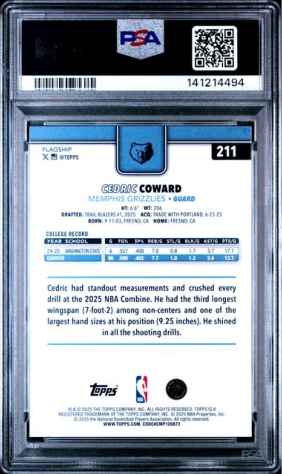 Graded 2025 Topps Cedric Coward #211 Holo Foil Rookie RC Card PSA 10 Gem Mint