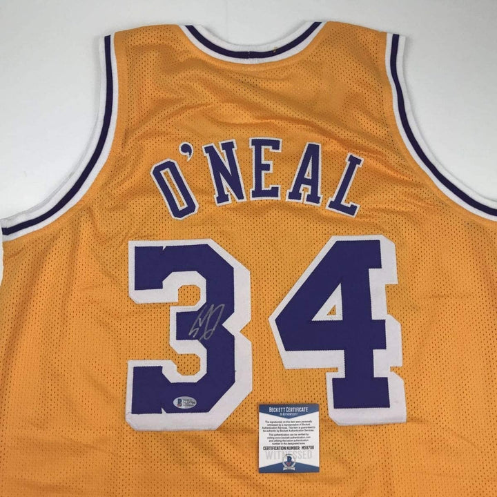 Autographed/Signed Shaquille Shaq O'Neal Los Angeles Yellow Jersey BAS COA