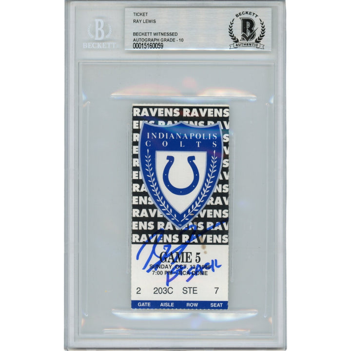 Ray Lewis Autographed Baltimore Ravens 10/13/96 1st Sack Ticket Beckett 47609