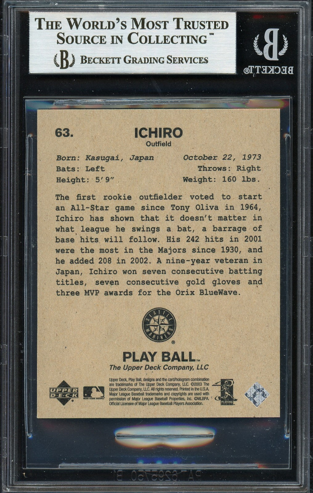 Ichiro Suzuki Signed 2003 Upper Deck Play Ball Mini Card 63 Mariners Beckett