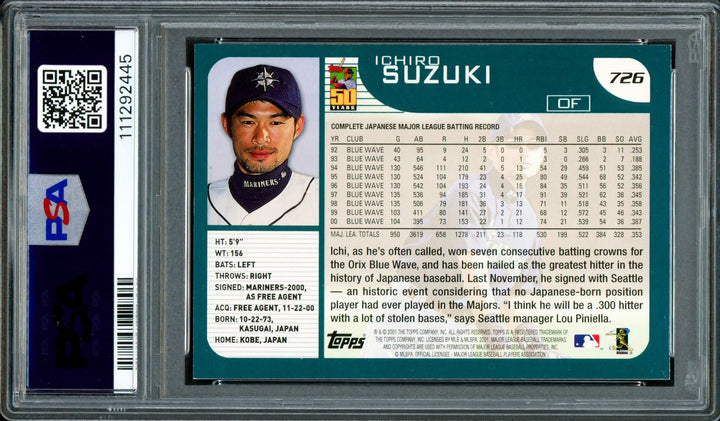 Ichiro Suzuki Auto 2001 Topps RC 726 Mariners PSA 6 Sig 10 HOF 25 PSA/DNA 292445