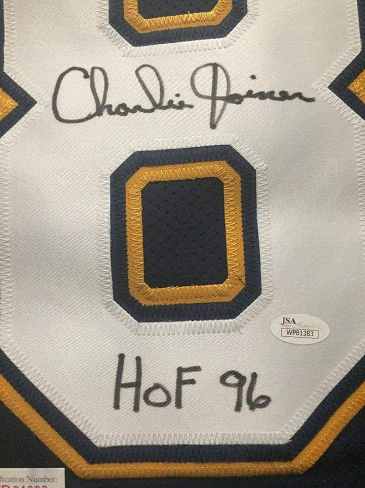 Framed Signed Charlie Joiner HOF 96 35x39 Chargers Dark Blue Jersey JSA COA