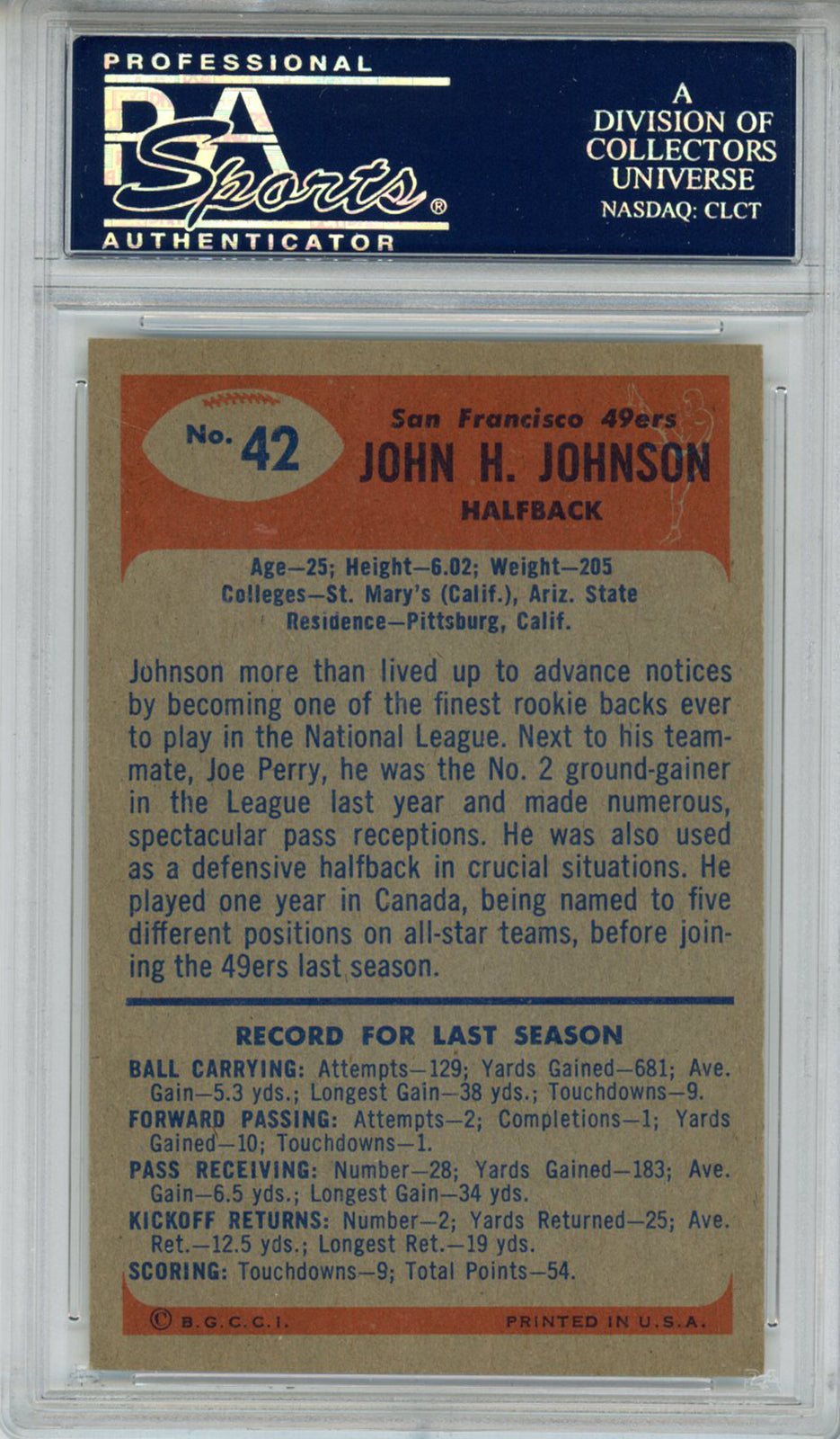 John Henry Johnson Autographed 1955 Bowman #42 Trading Card PSA Slab 43713