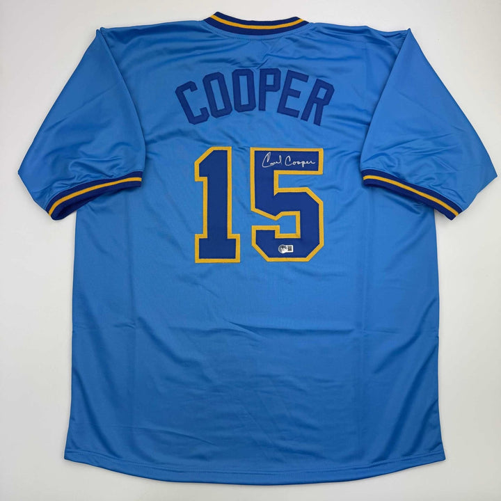 Autographed/Signed Cecil Cooper Milwaukee Blue Jersey Beckett BAS COA