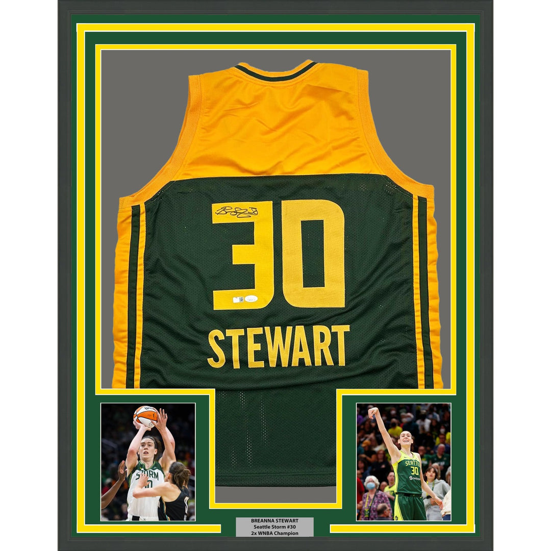 Framed Signed Breanna Stewart 35x39 Seattle Green Jersey JSA COA