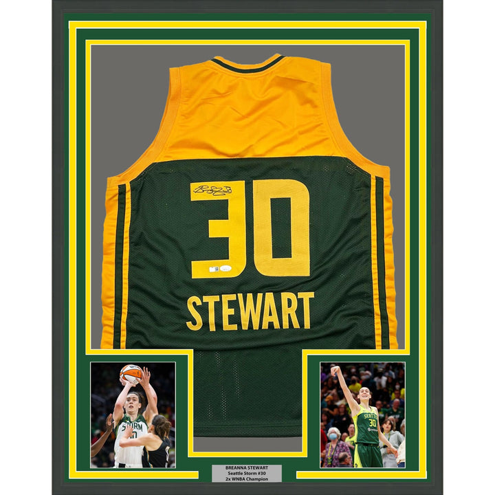 Framed Signed Breanna Stewart 35x39 Seattle Green Jersey JSA COA