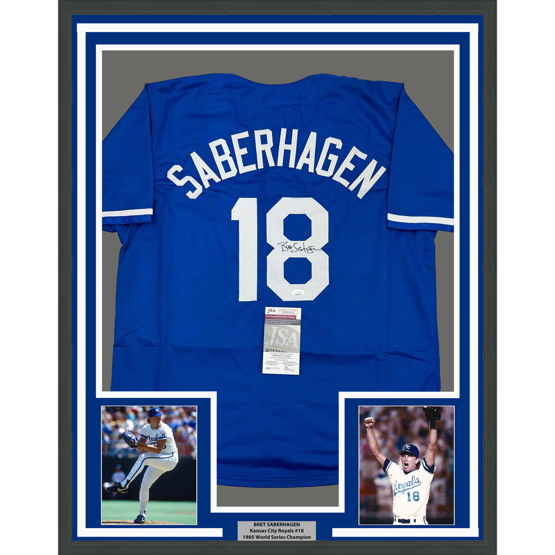 Framed Autographed/Signed Bret Saberhagen 35x39 KC Dark Blue Jersey JSA COA