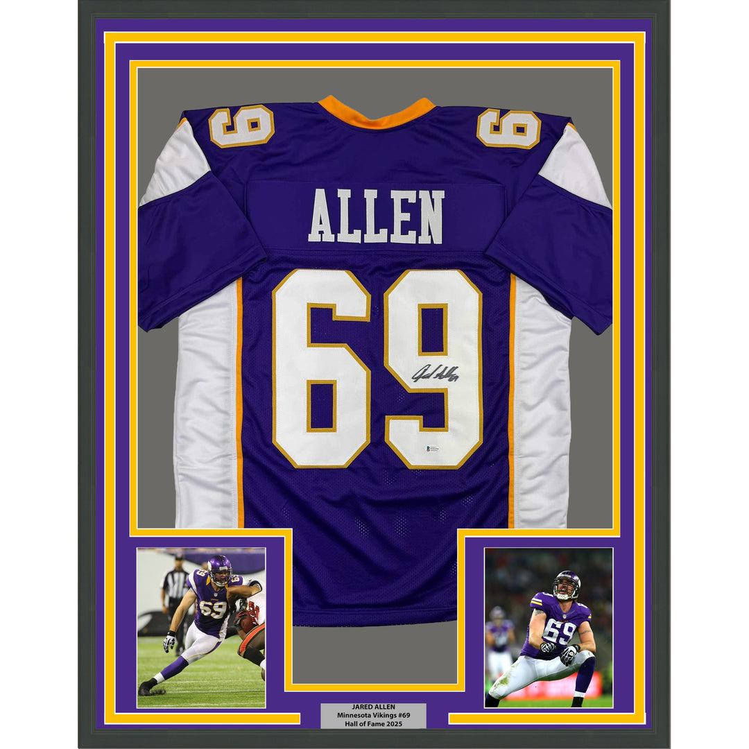 Framed Autographed/Signed Jared Allen 35x39 Minnesota Purple Jersey Beckett COA