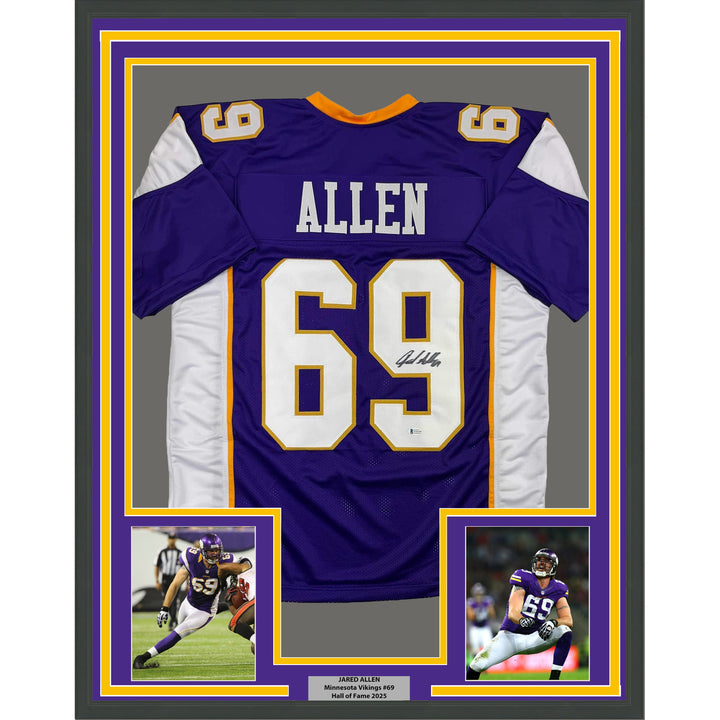 Framed Autographed/Signed Jared Allen 35x39 Minnesota Purple Jersey Beckett COA