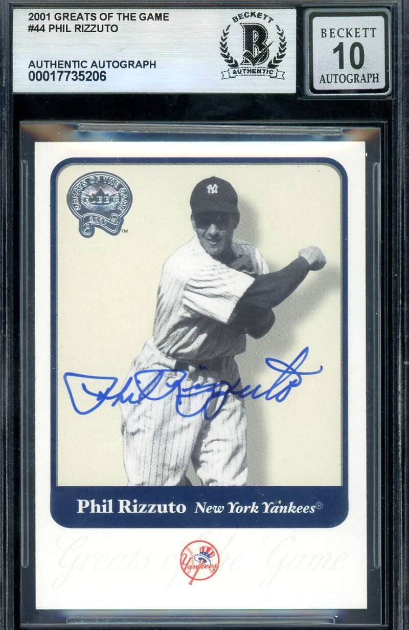 Phil Rizzuto Gem Mint 10 Beckett BAS Signed 2001 Fleer Greats of The Game Auto