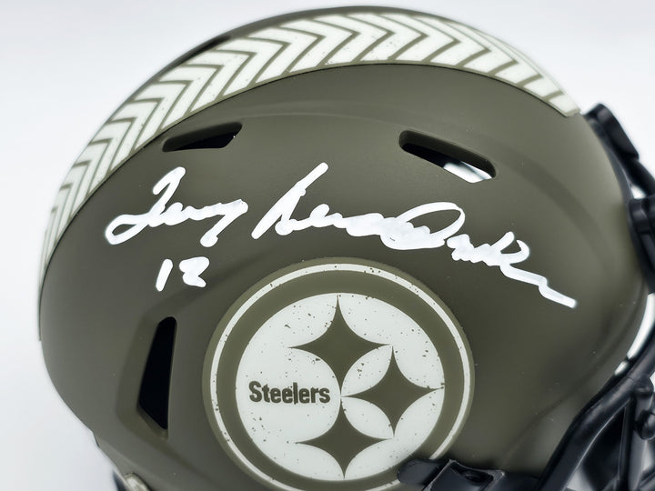 Terry Bradshaw Auto Steelers Army Green Salute to Service Speed Mini Helmet BAS
