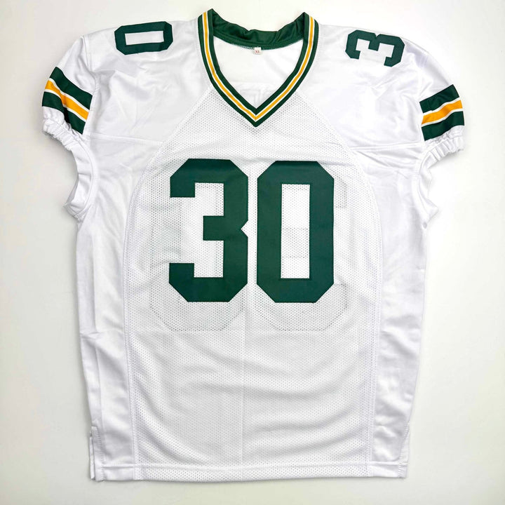 Autographed/Signed Ahman Green Green Bay White Football Jersey JSA COA