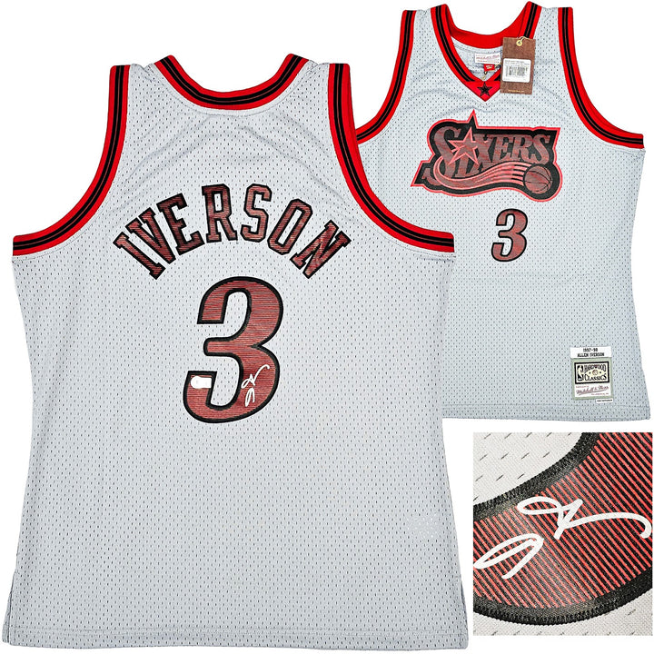 76ers Allen Iverson Auto Grey AUTH Mitchell Ness 97 HWC Swingman Jersey L BAS