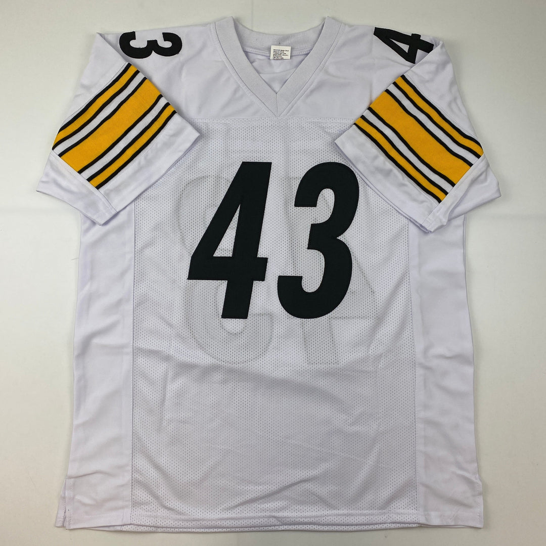 Facsimile Autographed Troy Polamalu Pittsburgh White Laser Jersey Size Men's XL